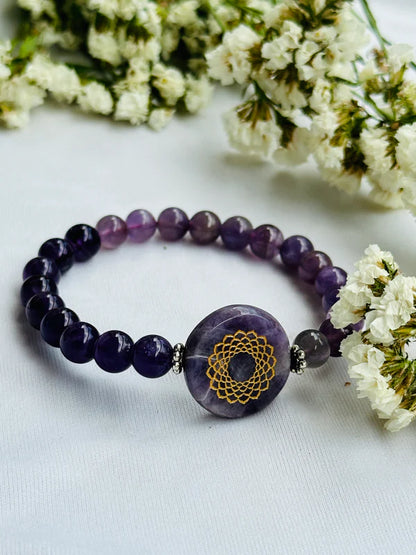 Natural Stone Amethyst Crown Chakra Bracelet - Abhimantrit & Certified