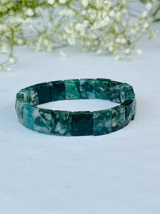 Moss Agate Emerald Cut Bracelet - Abhimantrit & Certified