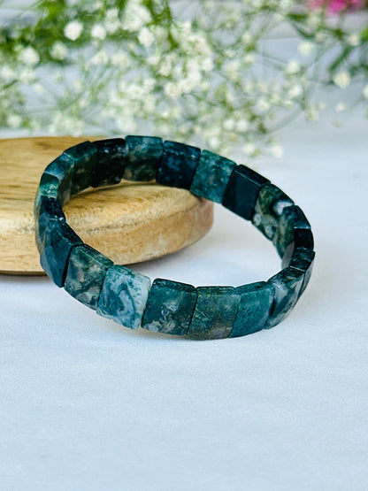 Moss Agate Emerald Cut Bracelet - Abhimantrit & Certified