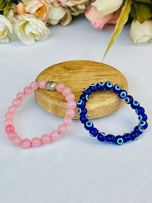 Protect your Relationship (Rose Quartz & Evil Eye Bracelet) - Abhimantrit & Certified