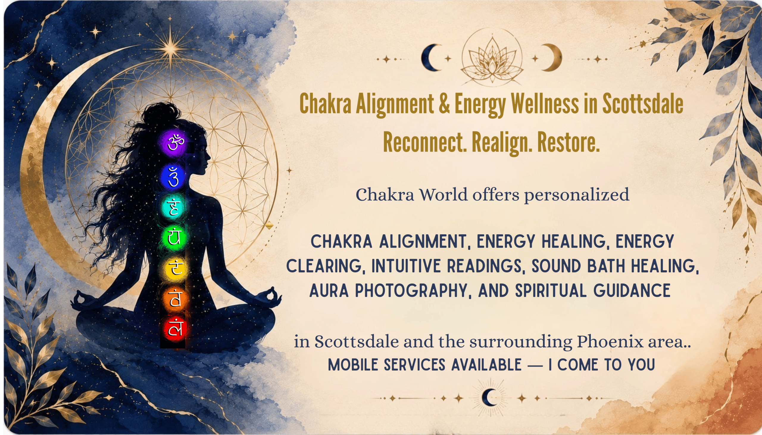 Meditating woman with seven illuminated chakras representing Chakra World alignment and energy wellness in Scottsdale Arizona