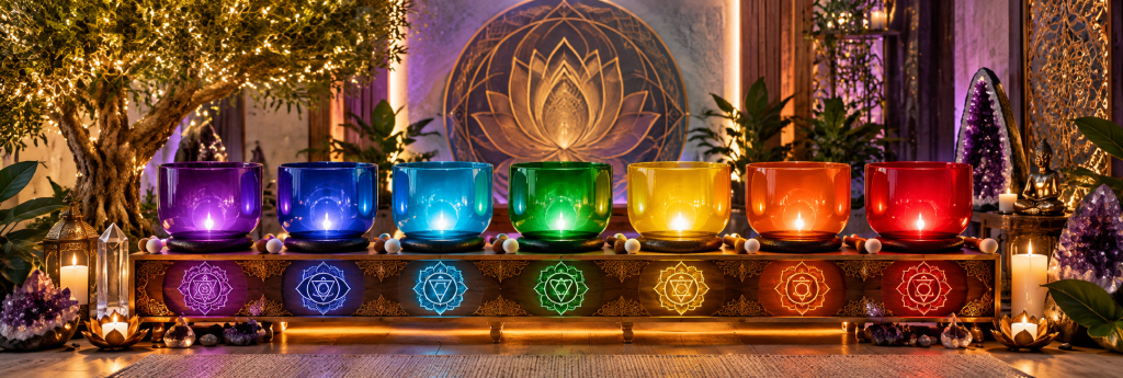 Seven colorful chakra singing bowls displayed on a beautiful stand for Chakra World sound bath experiences